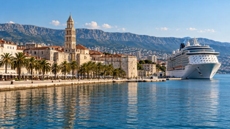 Split's walkable Riva promenade and Diocletian's Palace near a cruise ship