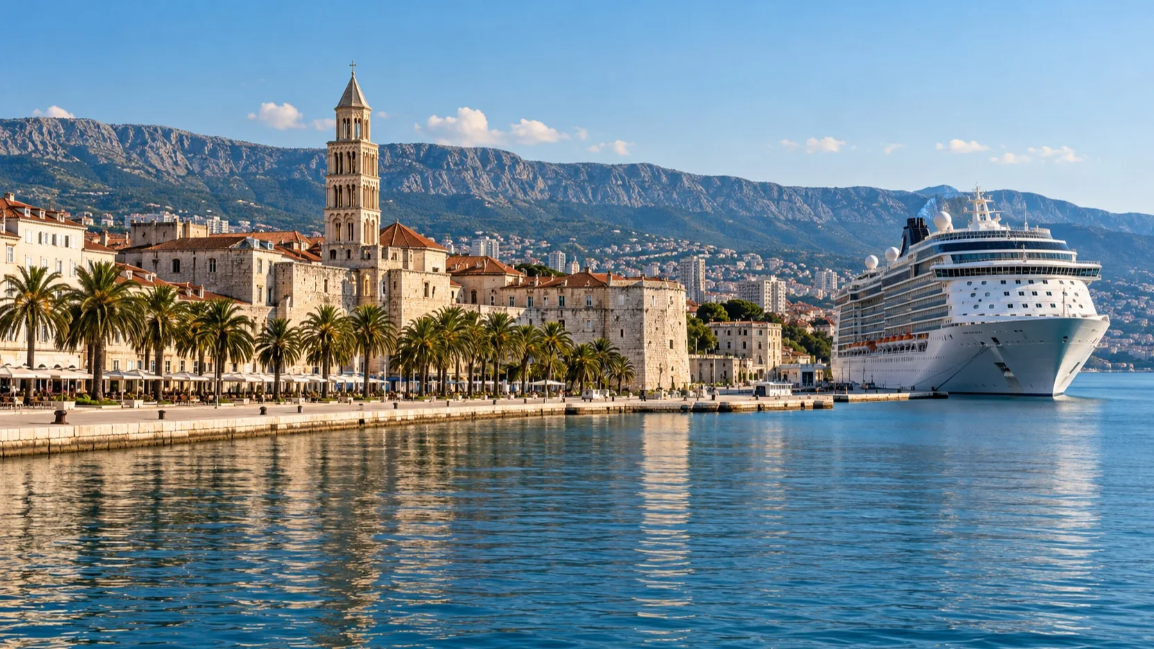 Split's walkable Riva promenade and Diocletian's Palace near a cruise ship