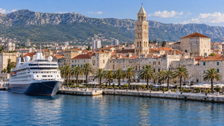 Cruise ship docked near Split’s palm-lined waterfront and Diocletian’s Palace