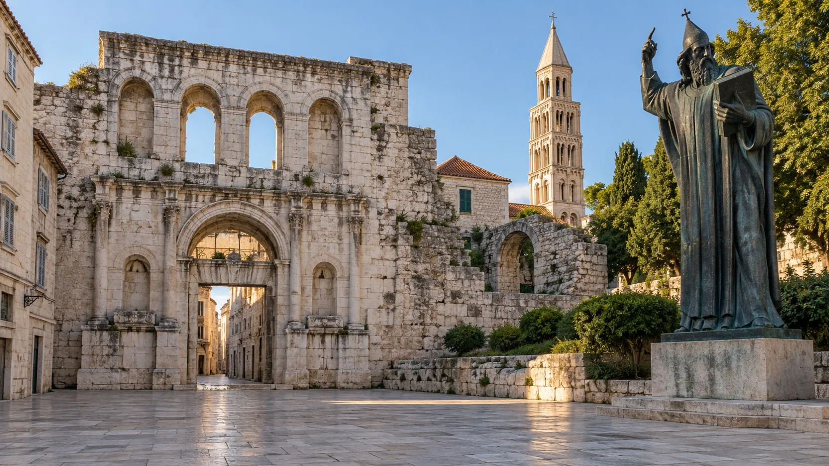 Golden Gate of Diocletian’s Palace beside the Gregory of Nin statue in Split