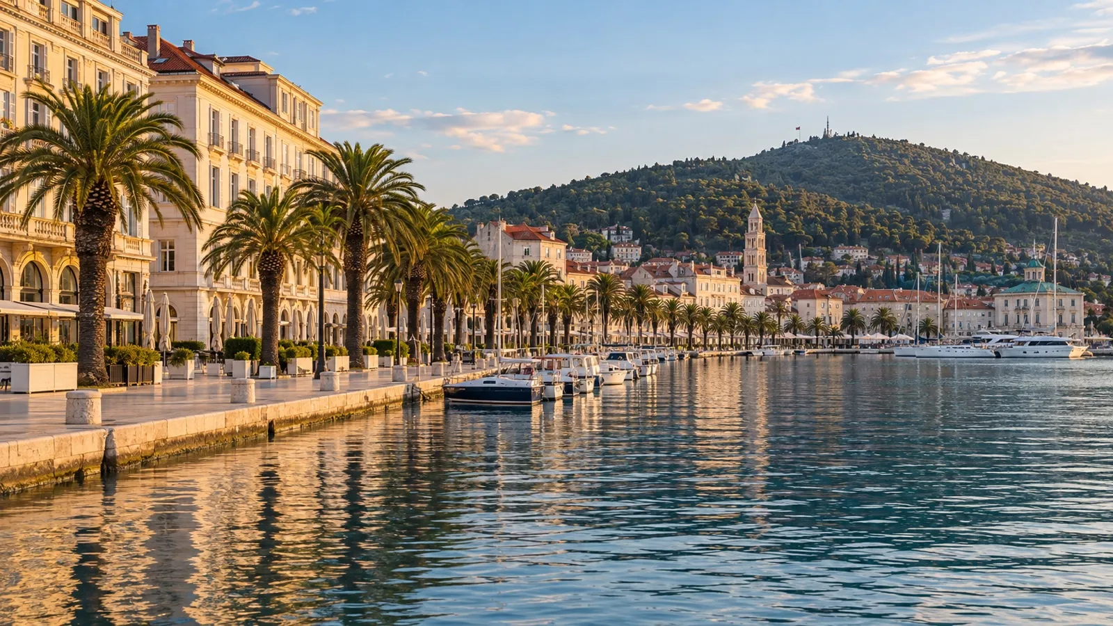 West Riva promenade in Split with waterfront hotels, palms, boats and Marjan hill