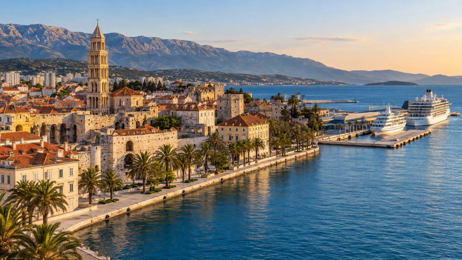 Panoramic Split old town waterfront with Diocletian's Palace, cruise pier and Adriatic Sea