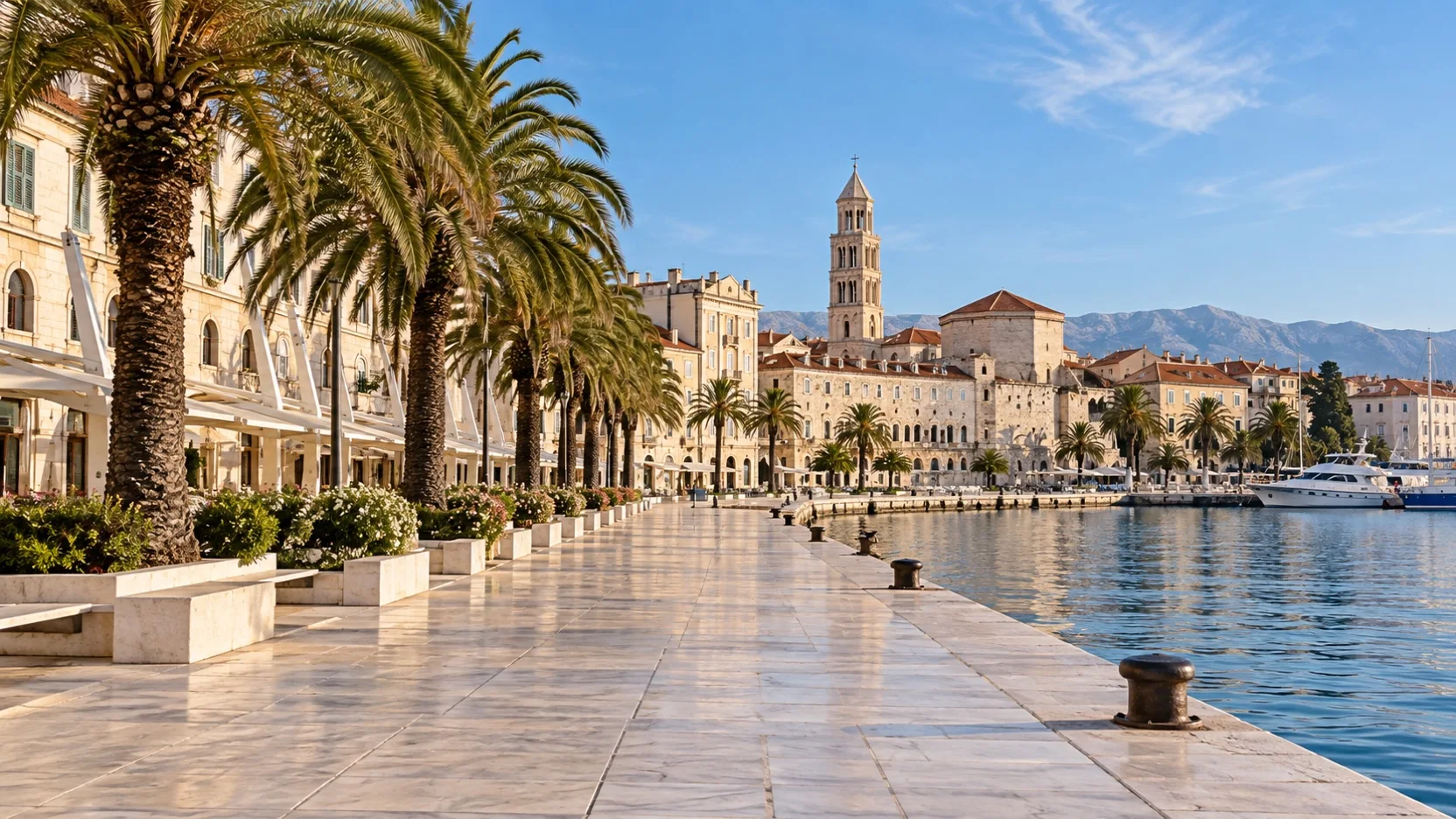 Empty palm-lined Riva promenade leading toward Split’s old town