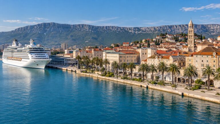 Split cruise harbor with a white cruise ship docked beside the old town and Dalmatian waterfront