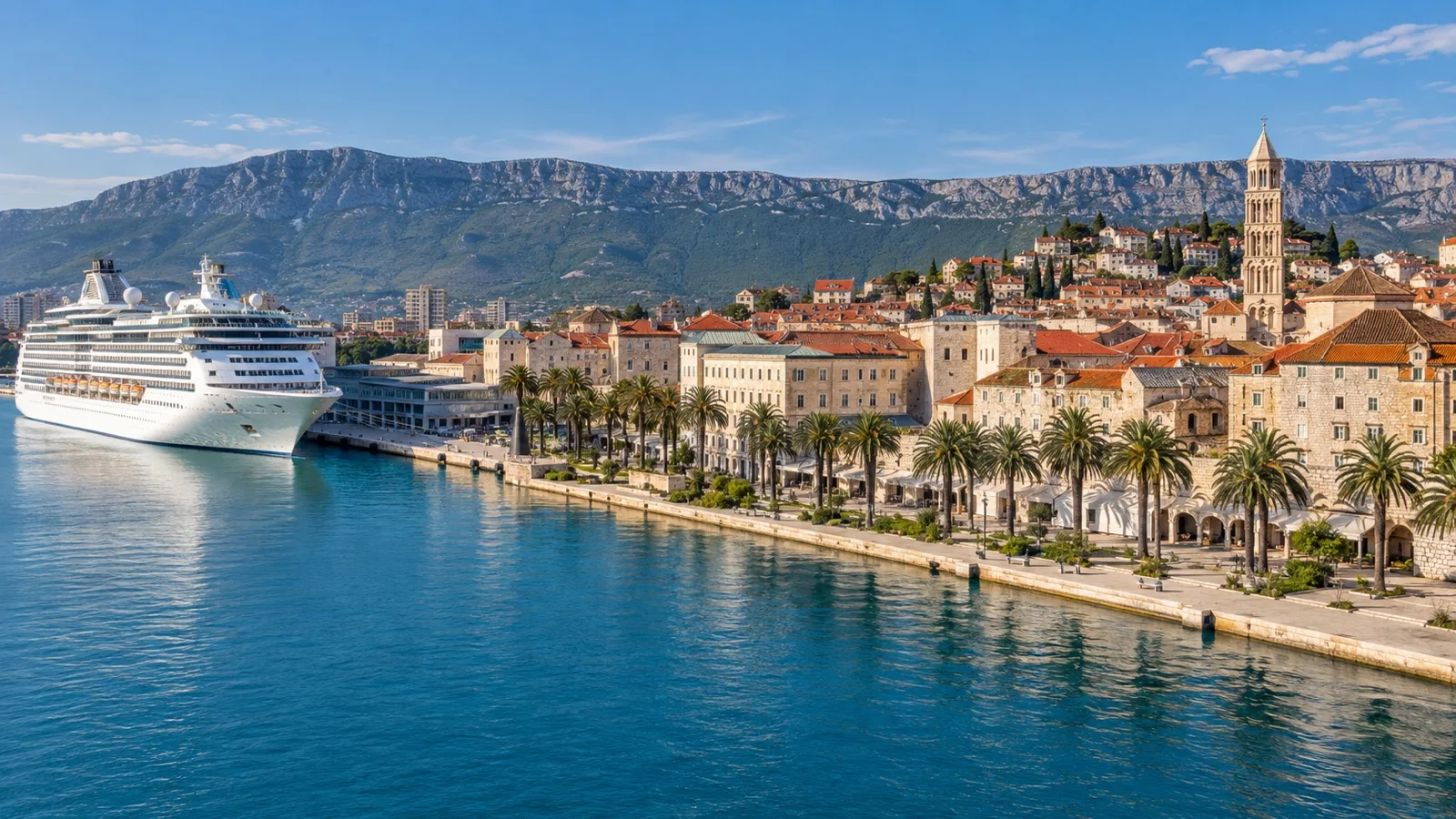 Split cruise harbor with a white cruise ship docked beside the old town and Dalmatian waterfront