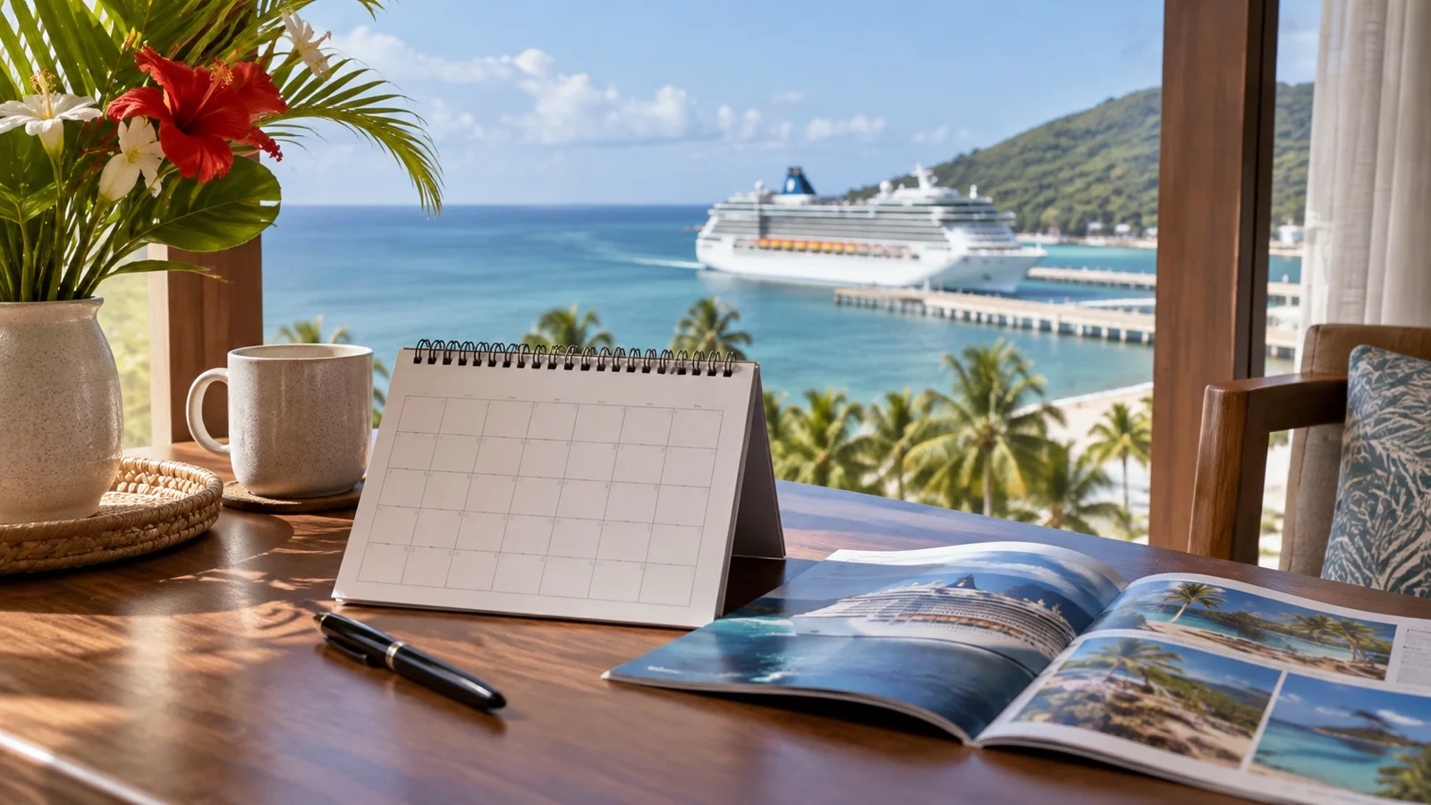 Blank March calendar and cruise brochure on a table by a tropical sea-view window