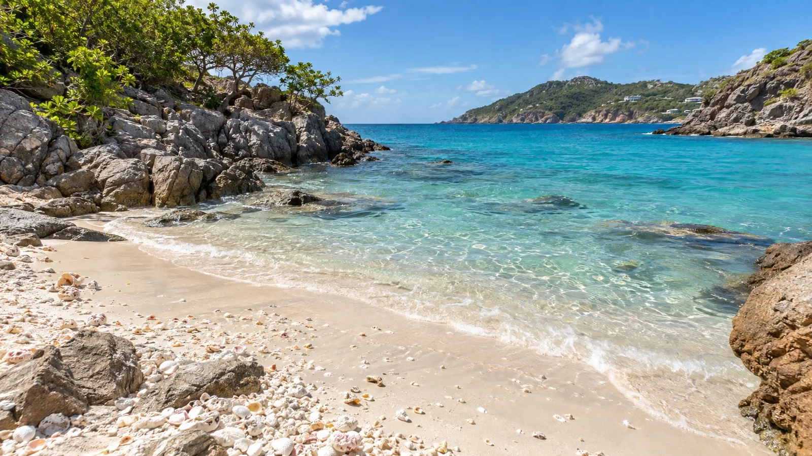 Shell Beach cove with clear water and rocks near Gustavia