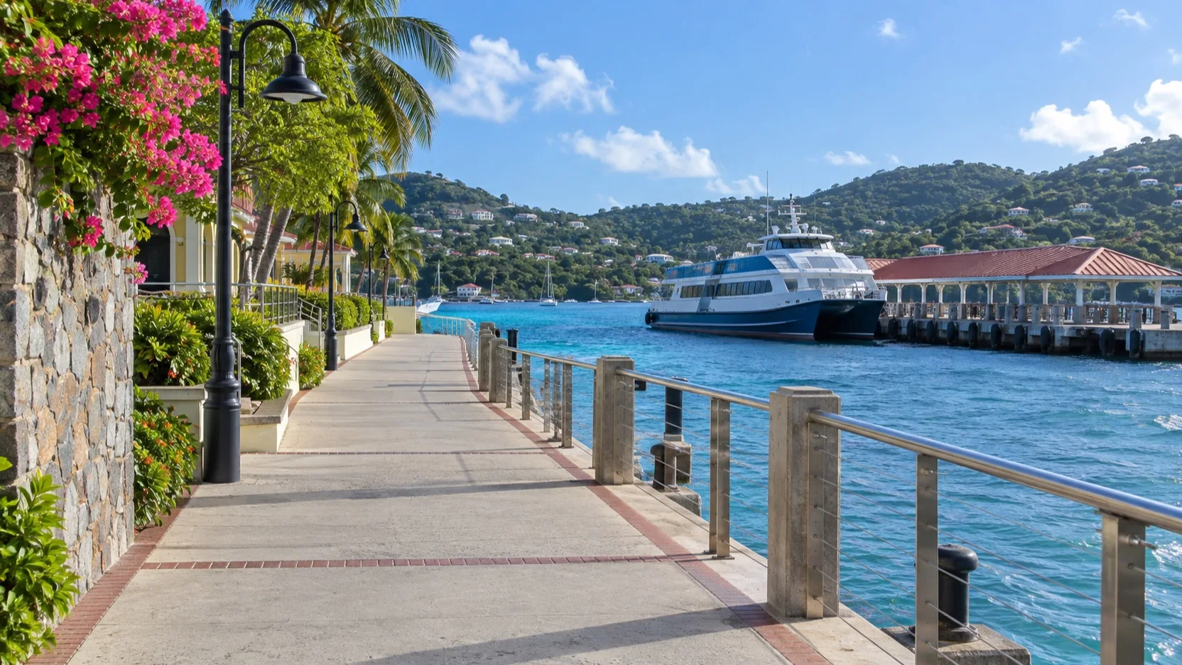Level paved waterfront path by the Cruz Bay ferry terminal