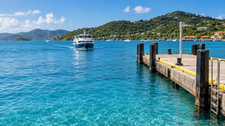 Ferry approaching an empty pier at Cruz Bay, St. John