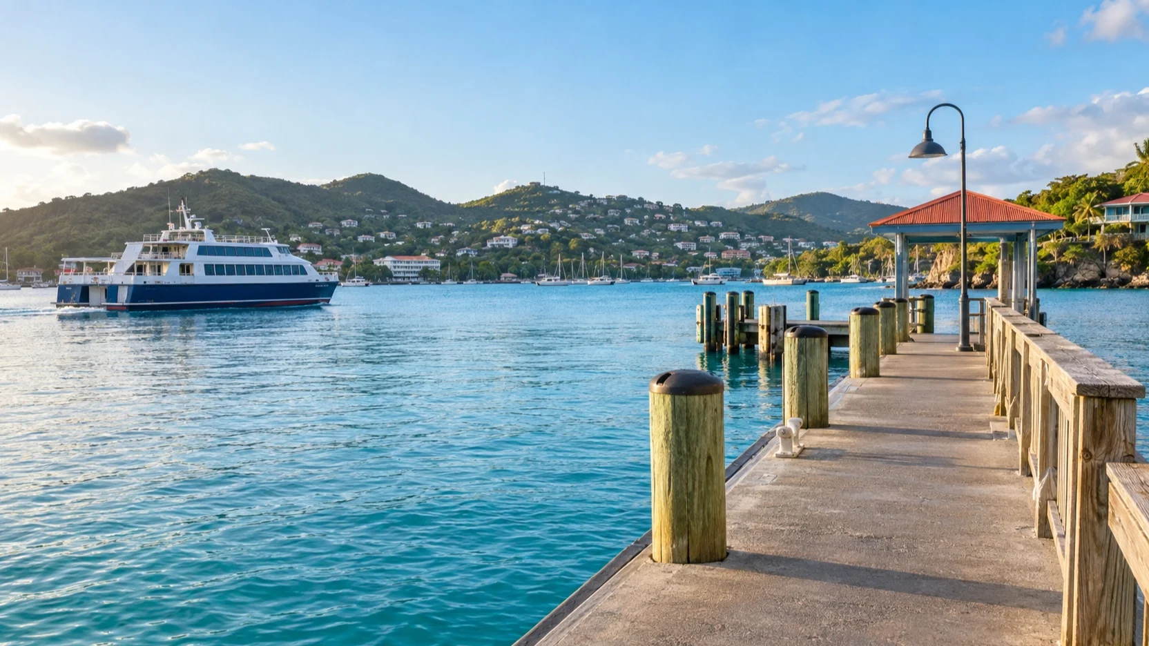 Ferry crossing Cruz Bay harbor beside an empty pier