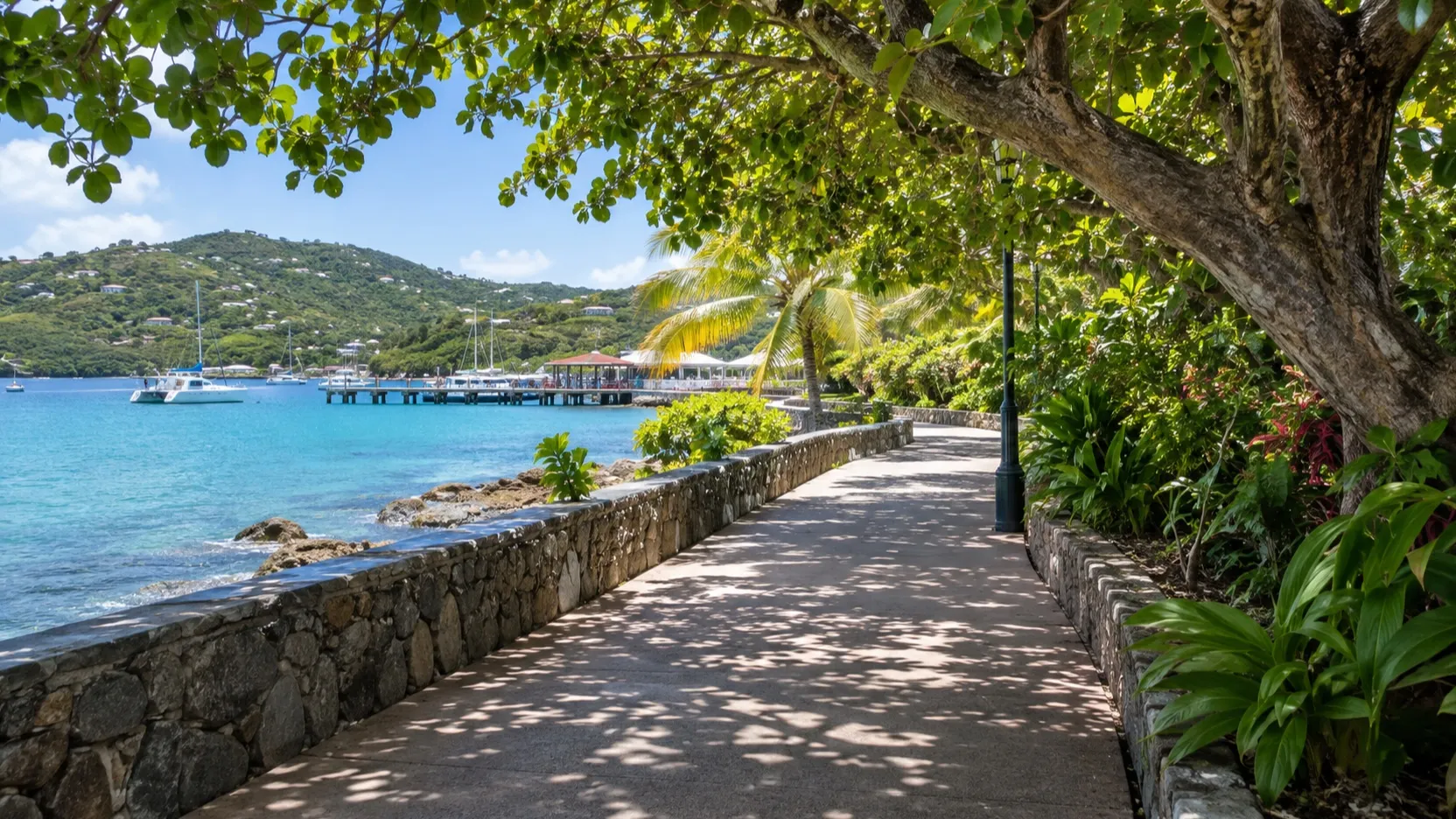 Shaded waterfront path near the Cruz Bay ferry landing on St. John