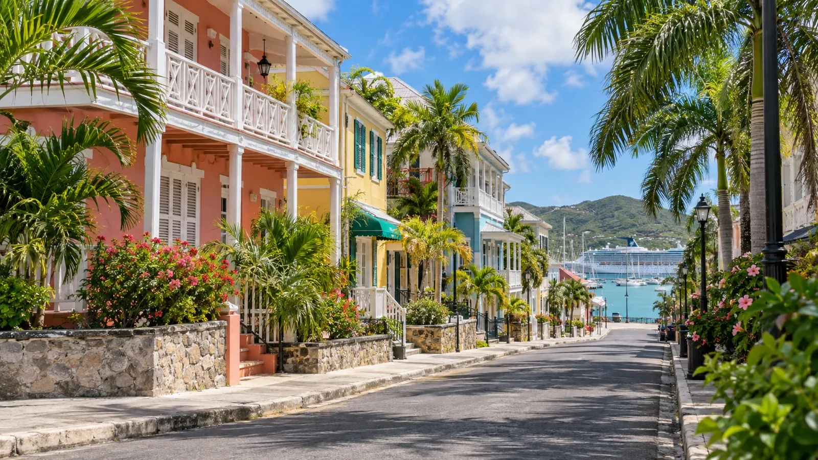 Downtown St. John's Antigua street with colorful small hotel facades and tropical palms