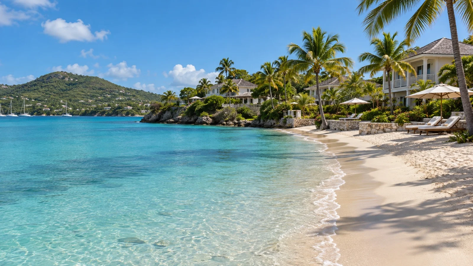 Upscale Antigua beach resort on a quiet turquoise bay with low hotel buildings and palms