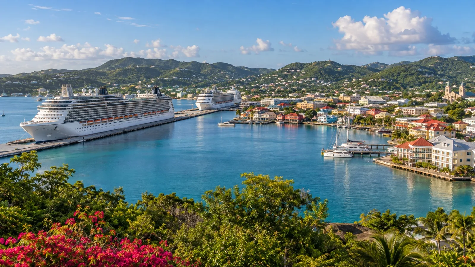 Panoramic St. John's Antigua waterfront and harbor with hotels, cruise piers and green hills