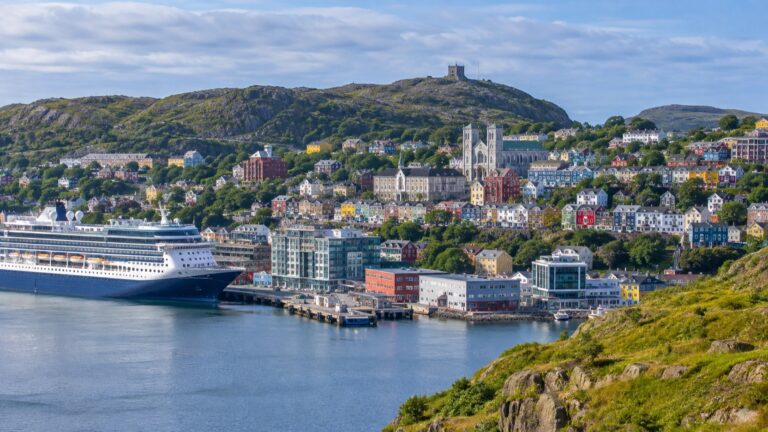 Colorful Jellybean Row above St. John's cruise harbor