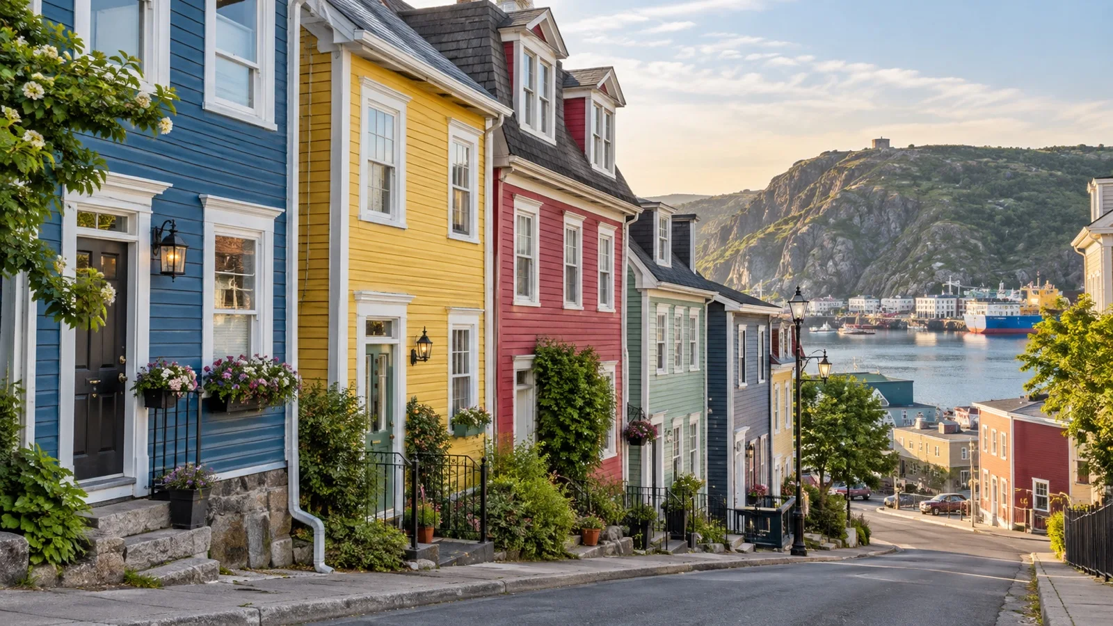 Colorful row houses and small heritage guesthouses on a quiet downtown St. John's street near the harbor