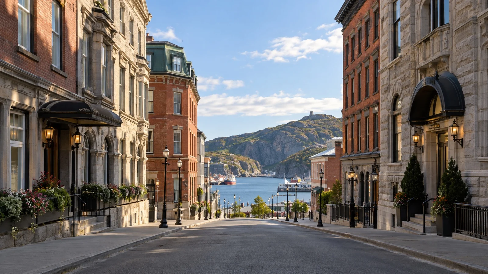 Water Street in St. John's Newfoundland with historic brick and stone hotel facades, harbor visible at the end of the street