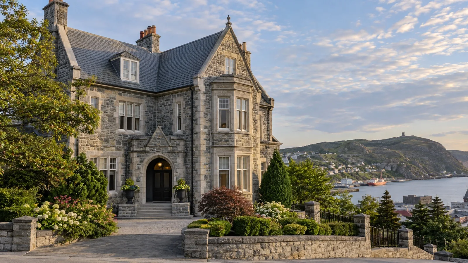 Elegant restored historic mansion hotel exterior in St. John's Newfoundland with stone walls and steep pitched roof
