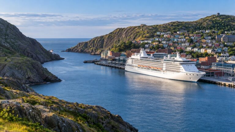 St. John's harbor cruise berth with a white cruise ship docked among colorful hillside buildings and steep rocky harbor entrance