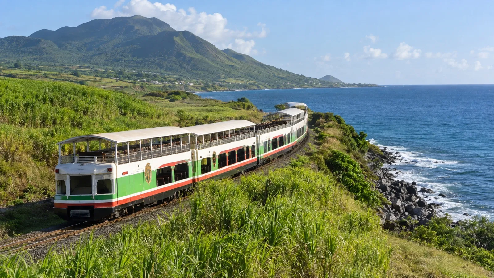 Saint Kitts Scenic Railway train along the island coast