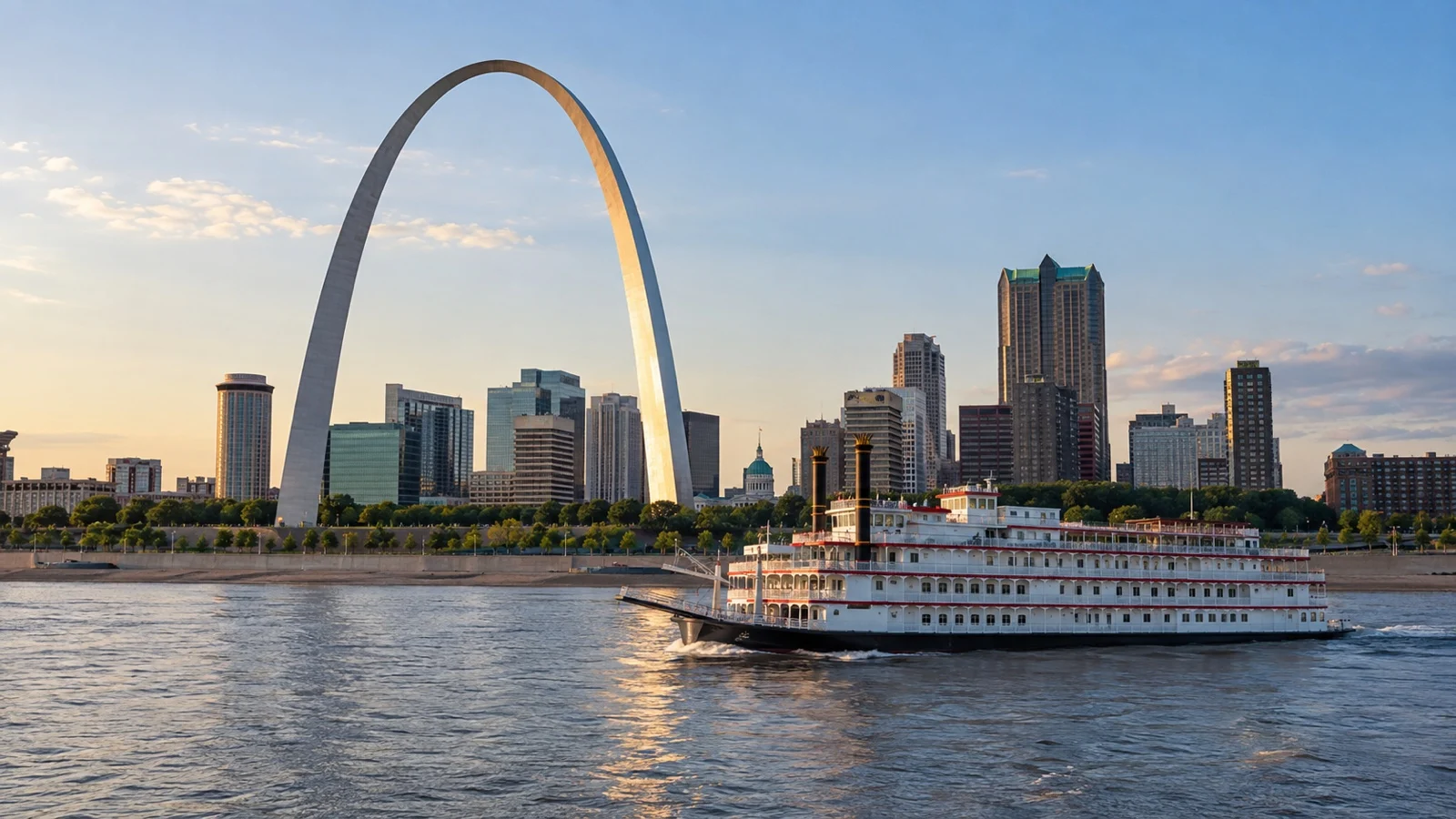 River cruise vessel passing Gateway Arch in St Louis