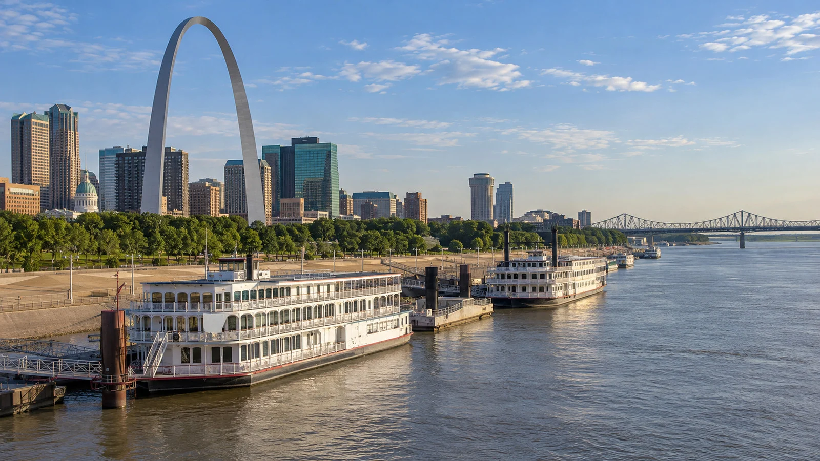 Mississippi river cruise boats moored along the St. Louis downtown levee