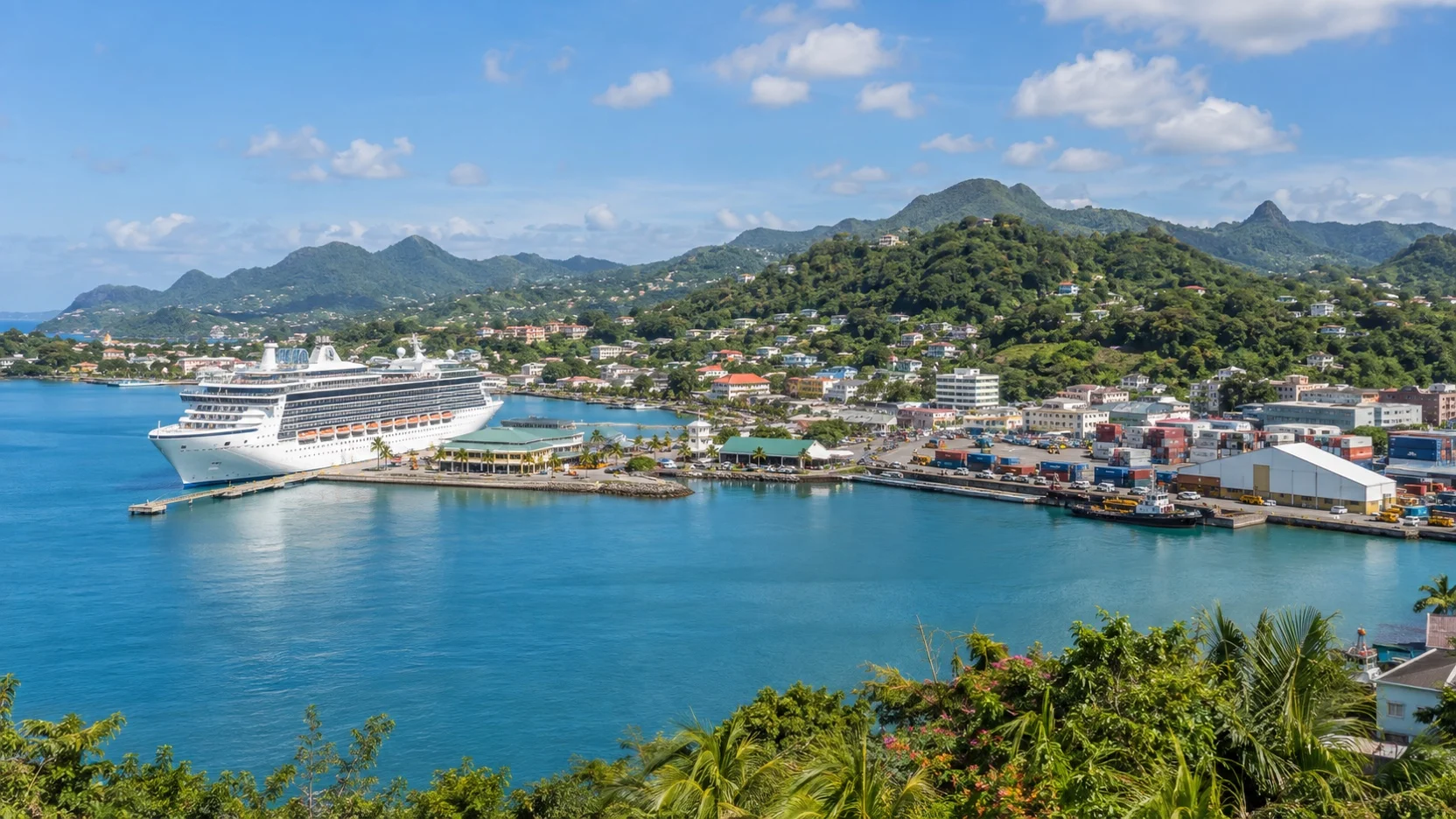 Cruise ship docked in Castries harbor below the green hills of Saint Lucia