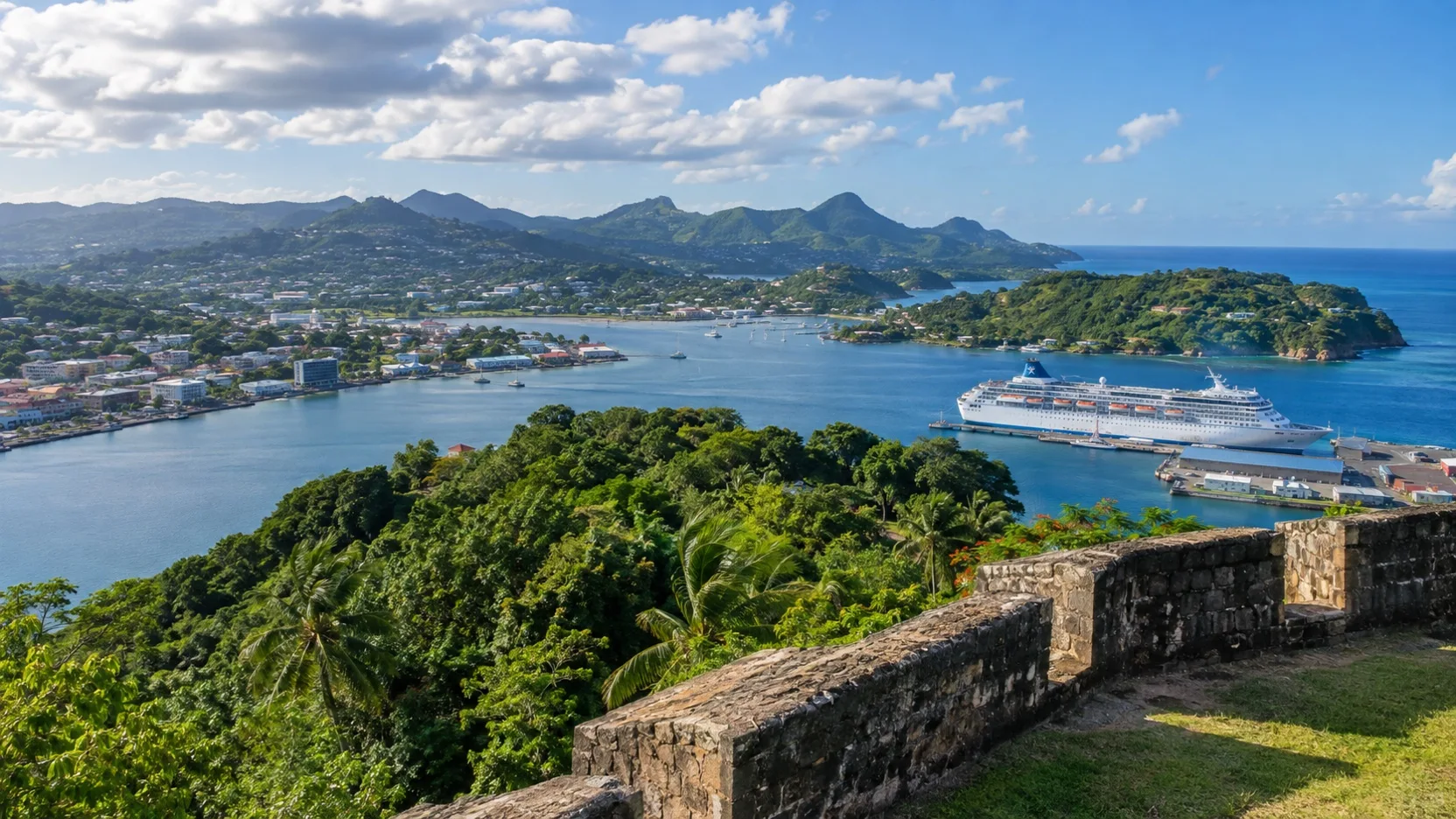 Castries harbor and a cruise ship viewed from Morne Fortune