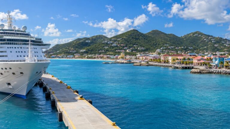 Cruise ship docked near Philipsburg and Great Bay on St Maarten