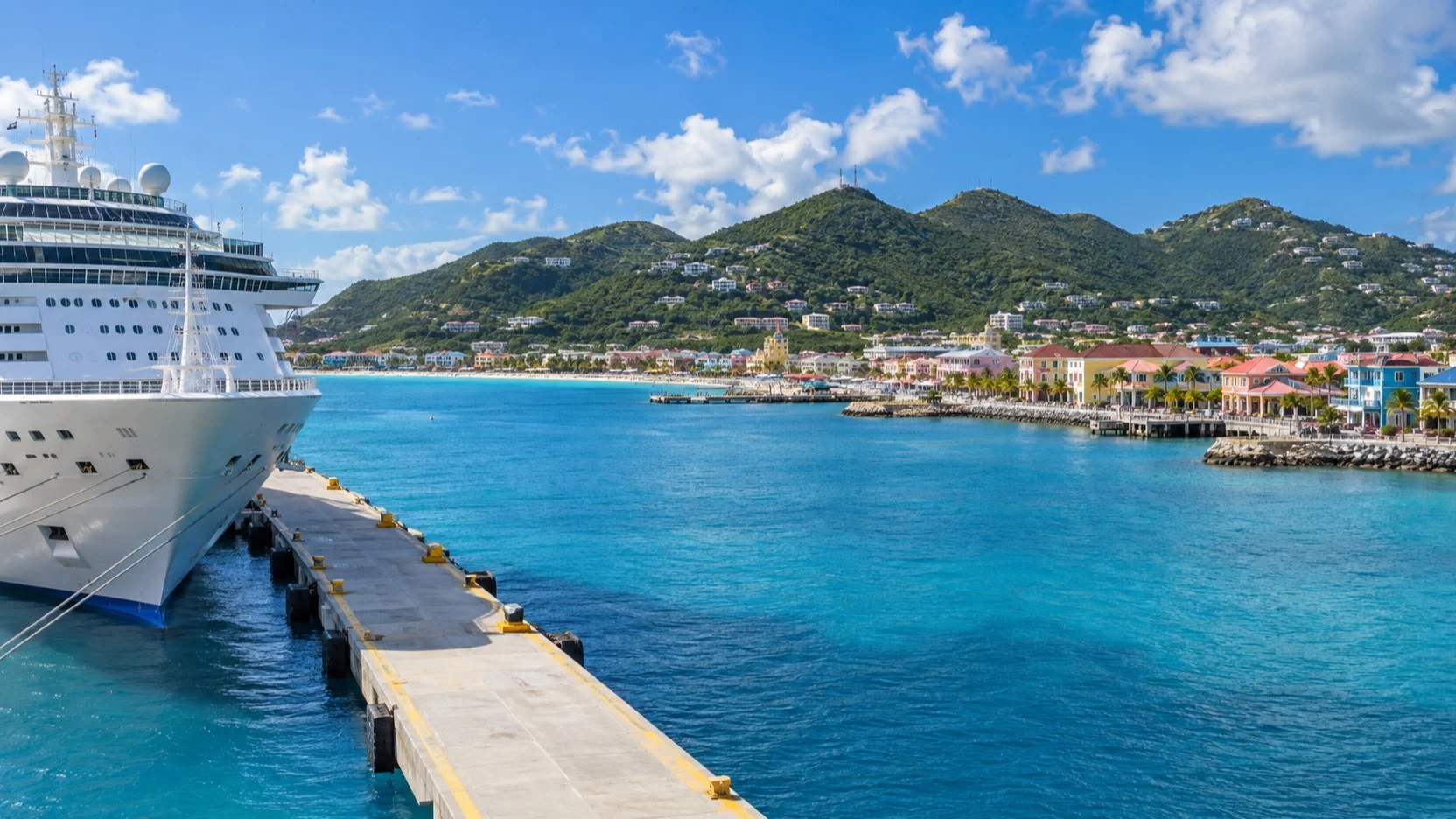 Cruise ship docked near Philipsburg and Great Bay on St Maarten