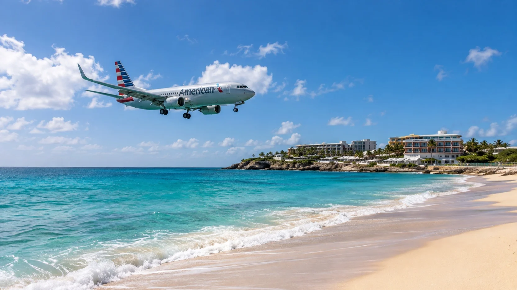 Airplane approaching over empty Maho Beach in St Maarten
