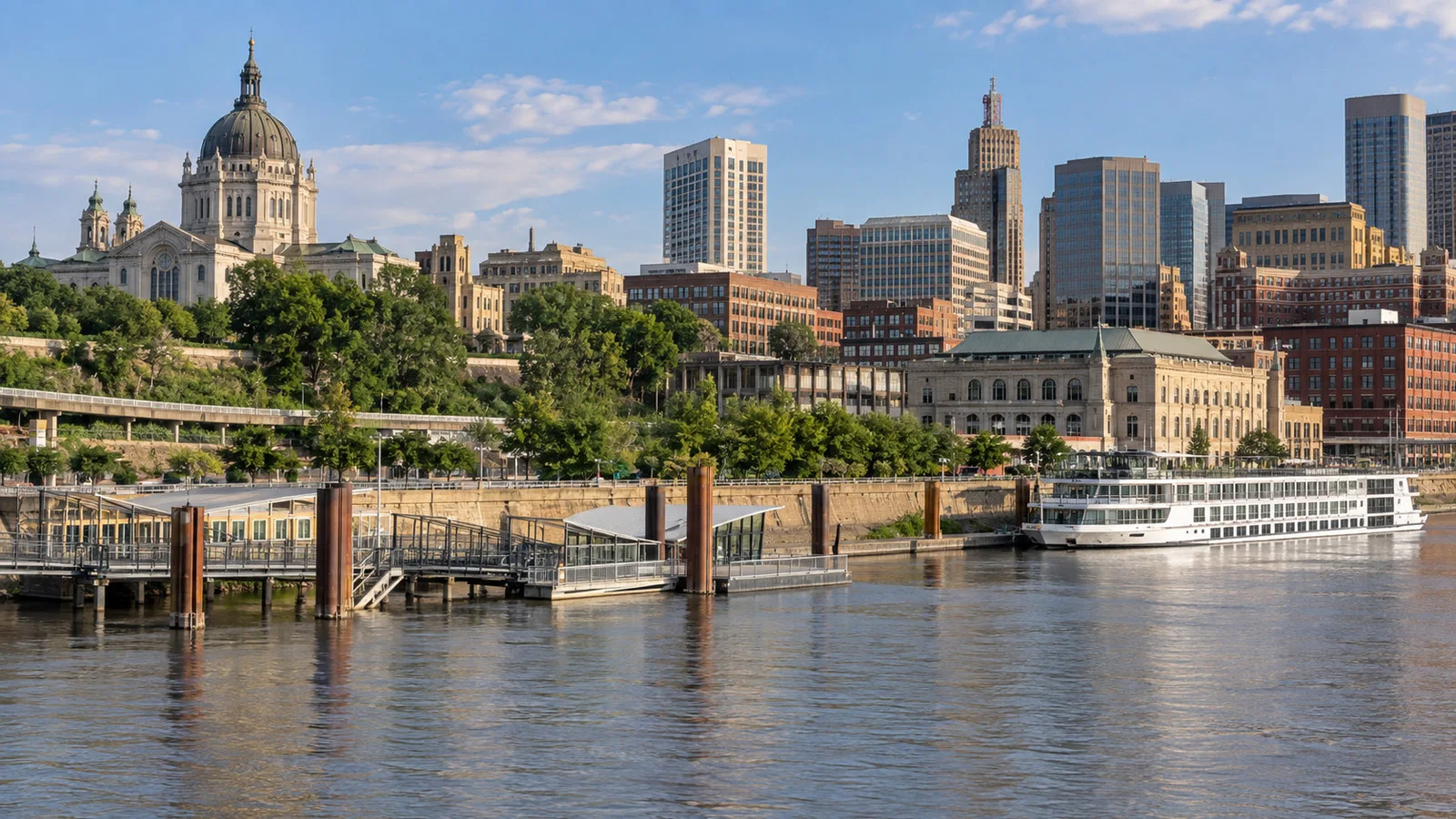 St. Paul Minnesota downtown riverfront with historic buildings and Mississippi landing
