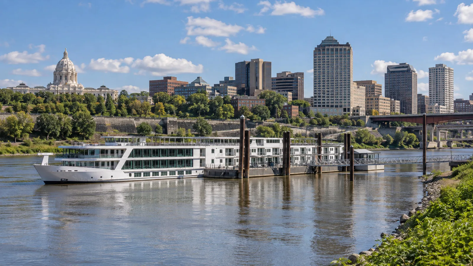 St. Paul Minnesota river cruise landing on the Mississippi River below downtown