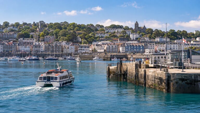 Cruise tender approaching St Peter Port harbor in Guernsey