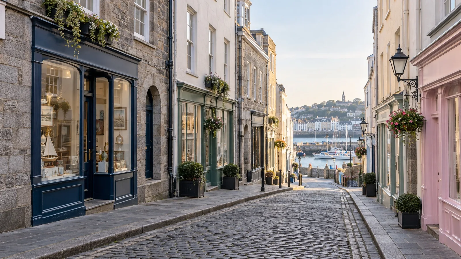 Quiet sloping street among historic buildings in St Peter Port