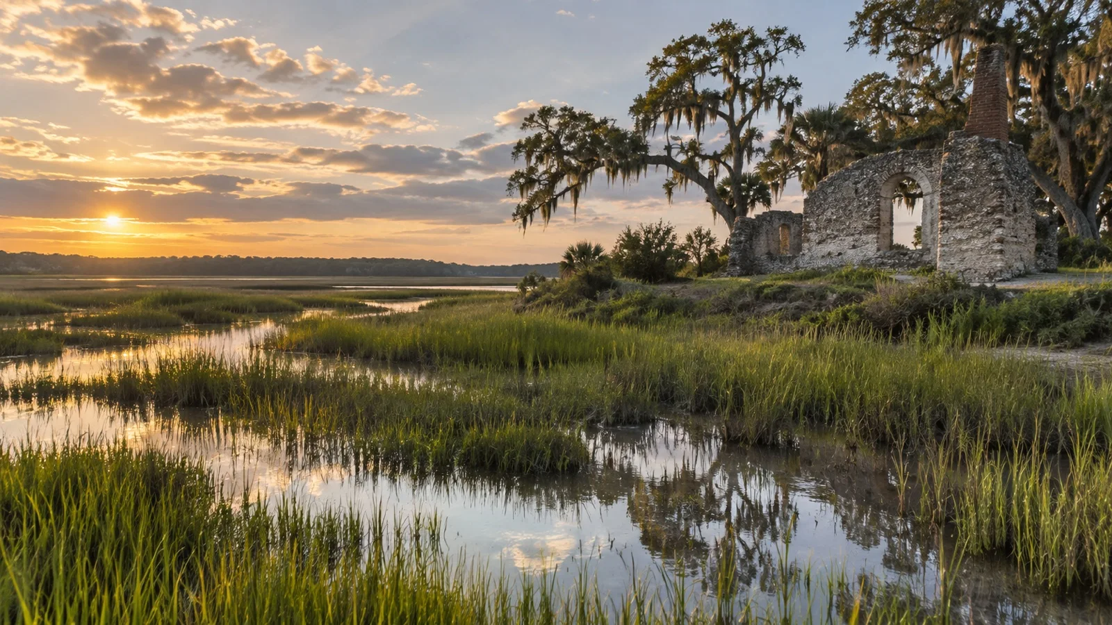 Coastal marshland at Bloody Marsh historic site on St. Simons Island