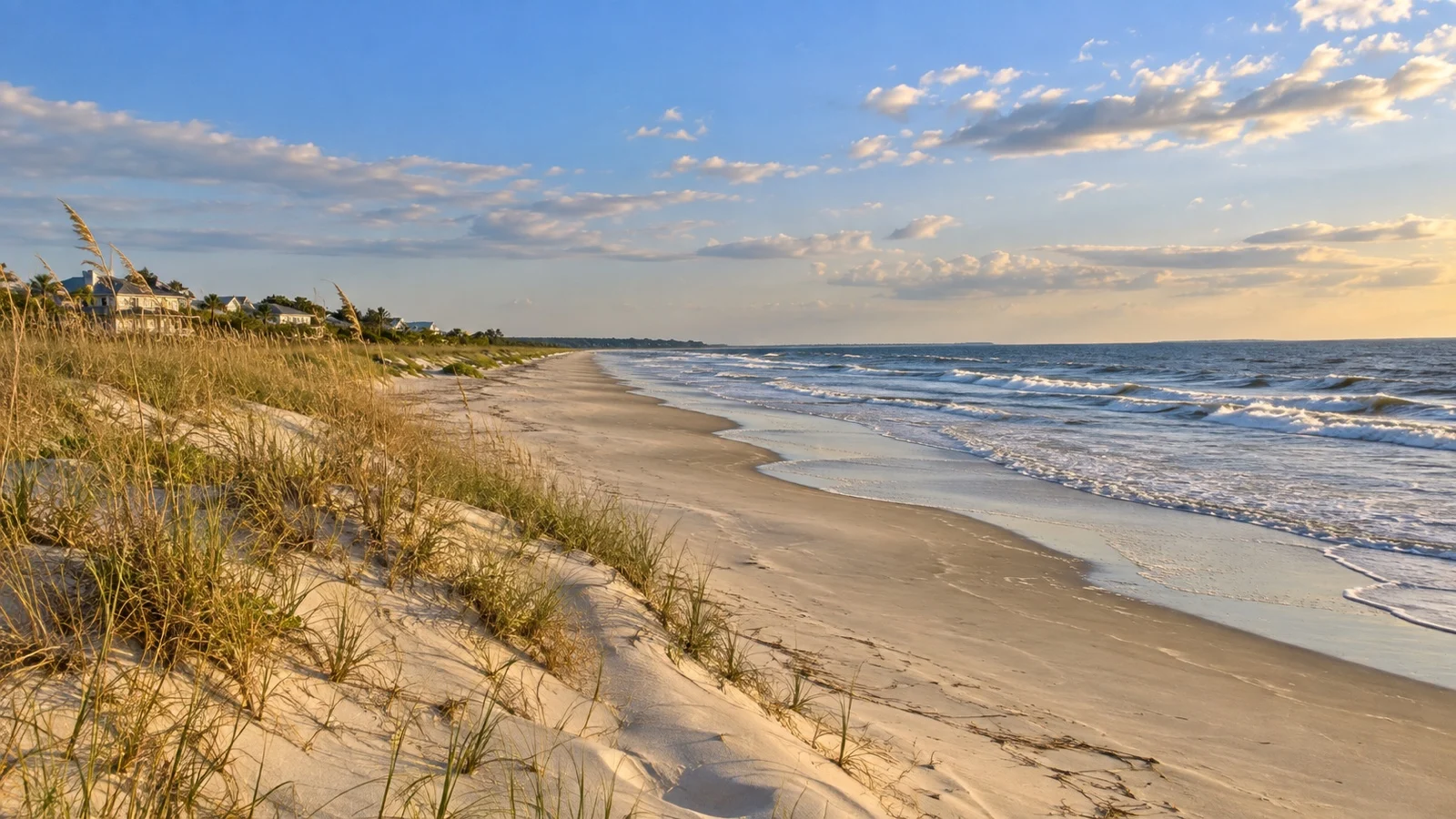 Empty East Beach on St. Simons Island with dunes and Atlantic surf