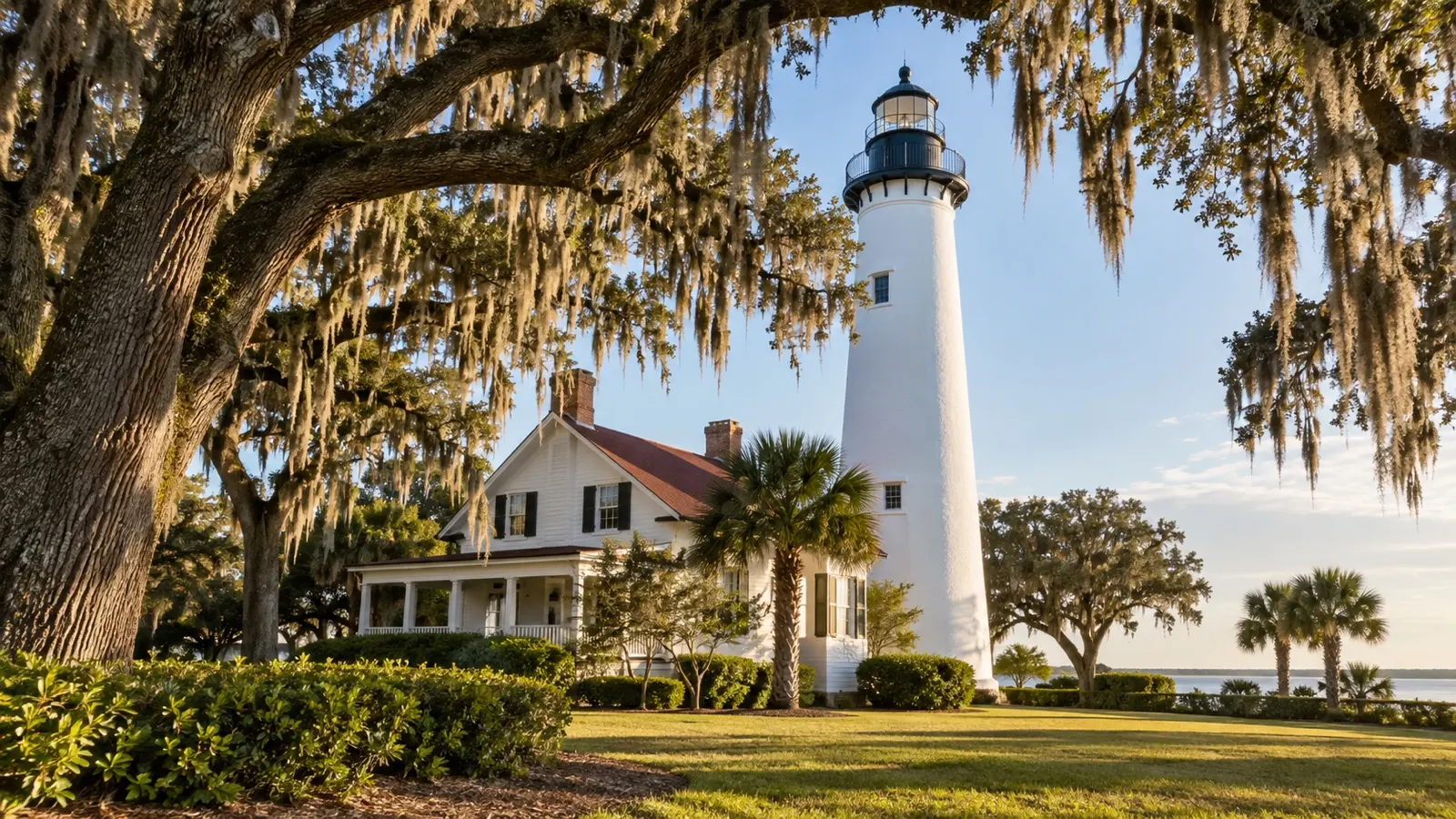 White St. Simons Island lighthouse and keeper house beneath live oaks