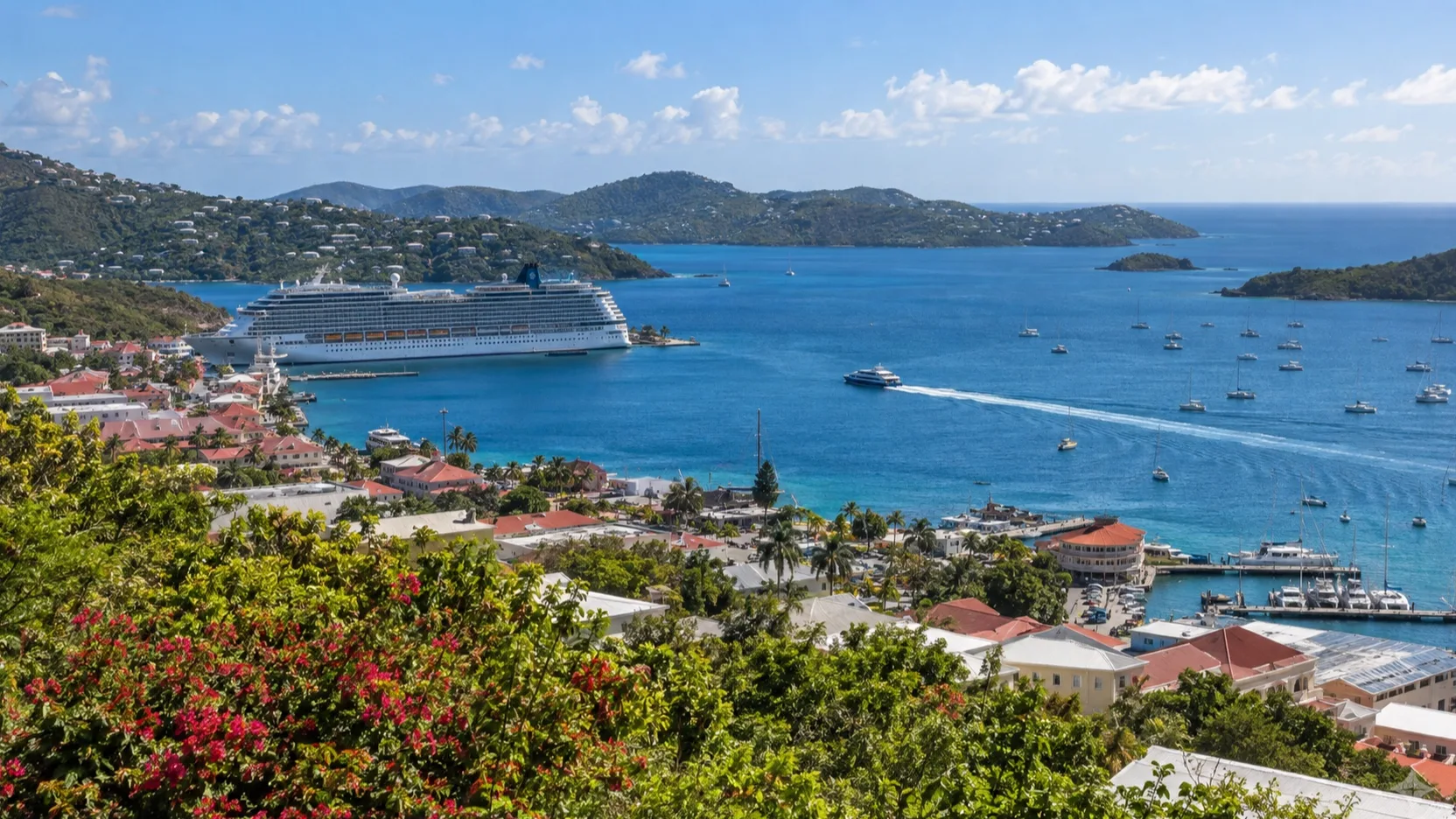 Charlotte Amalie cruise harbor and ferry route viewed from a hillside