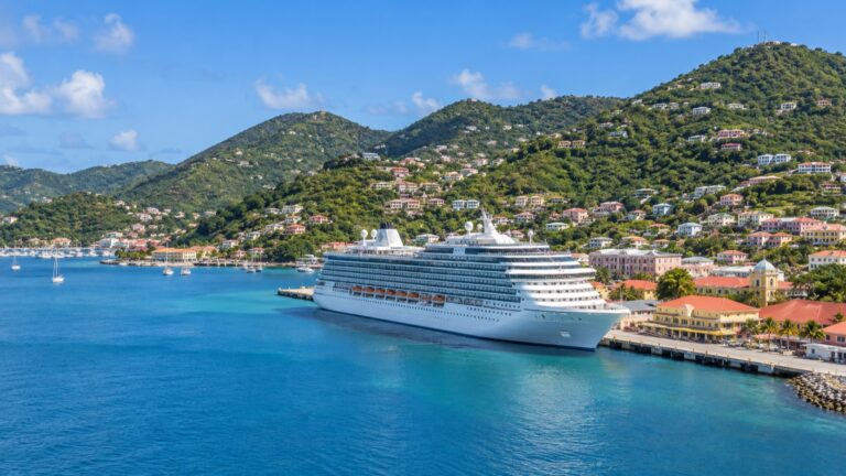 Cruise ship at Charlotte Amalie harbor with St Thomas hills behind