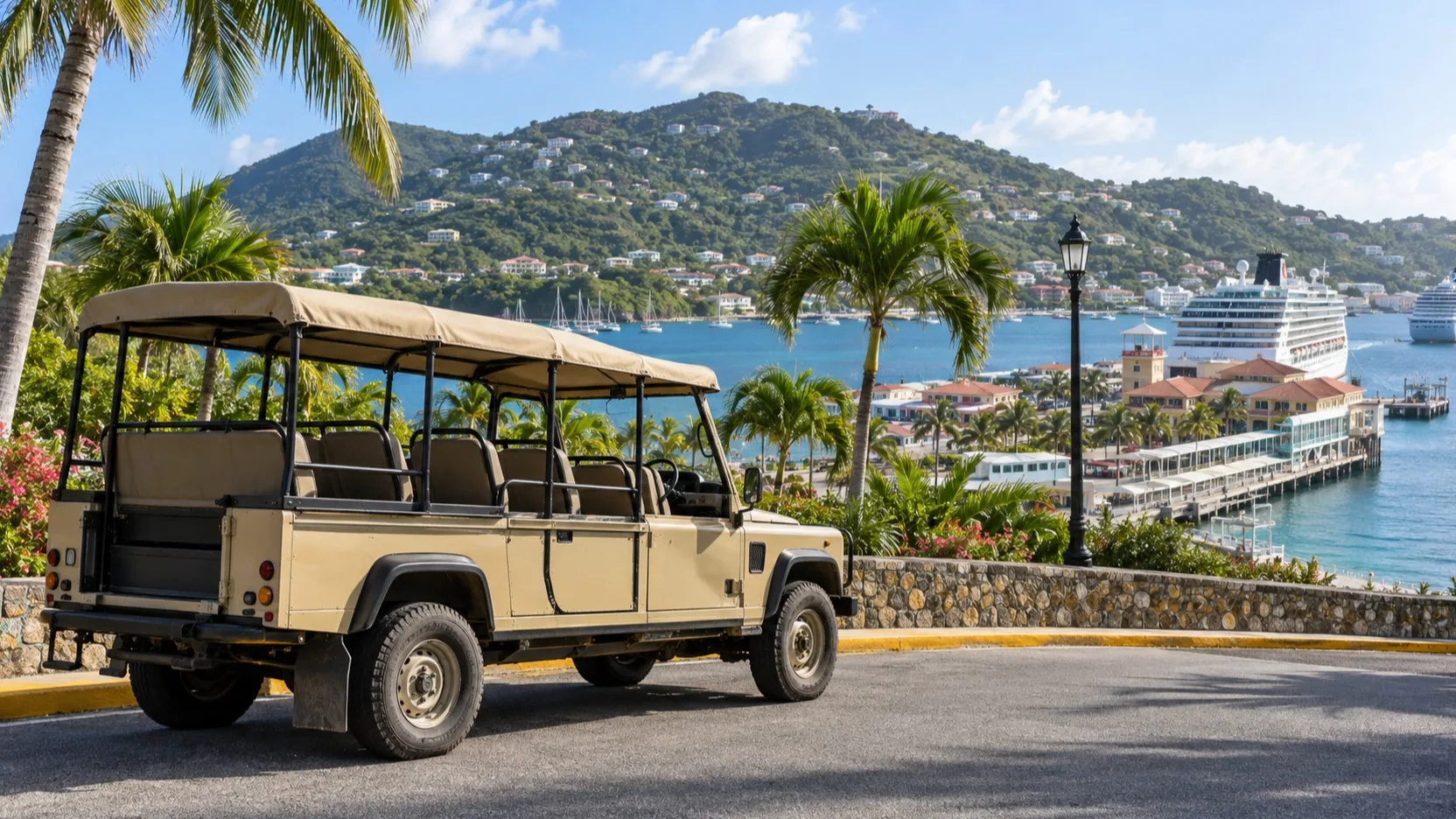 Open-air safari taxi near the Havensight cruise terminal in St Thomas
