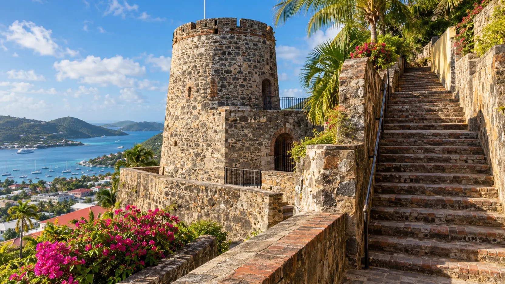 Blackbeard’s Castle watchtower and historic steps in Charlotte Amalie
