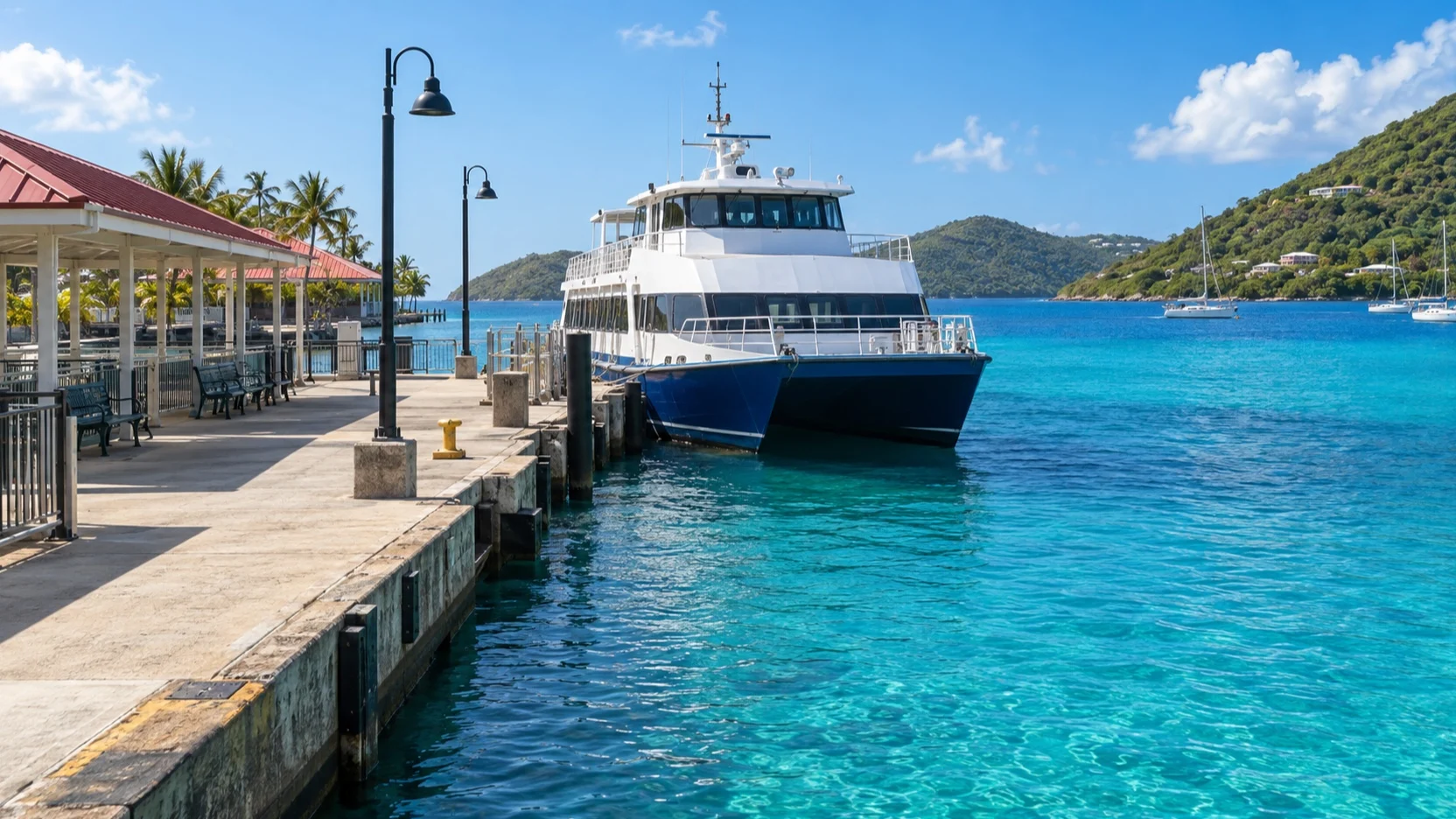 Empty St. Thomas ferry dock with ferry ready for St. John