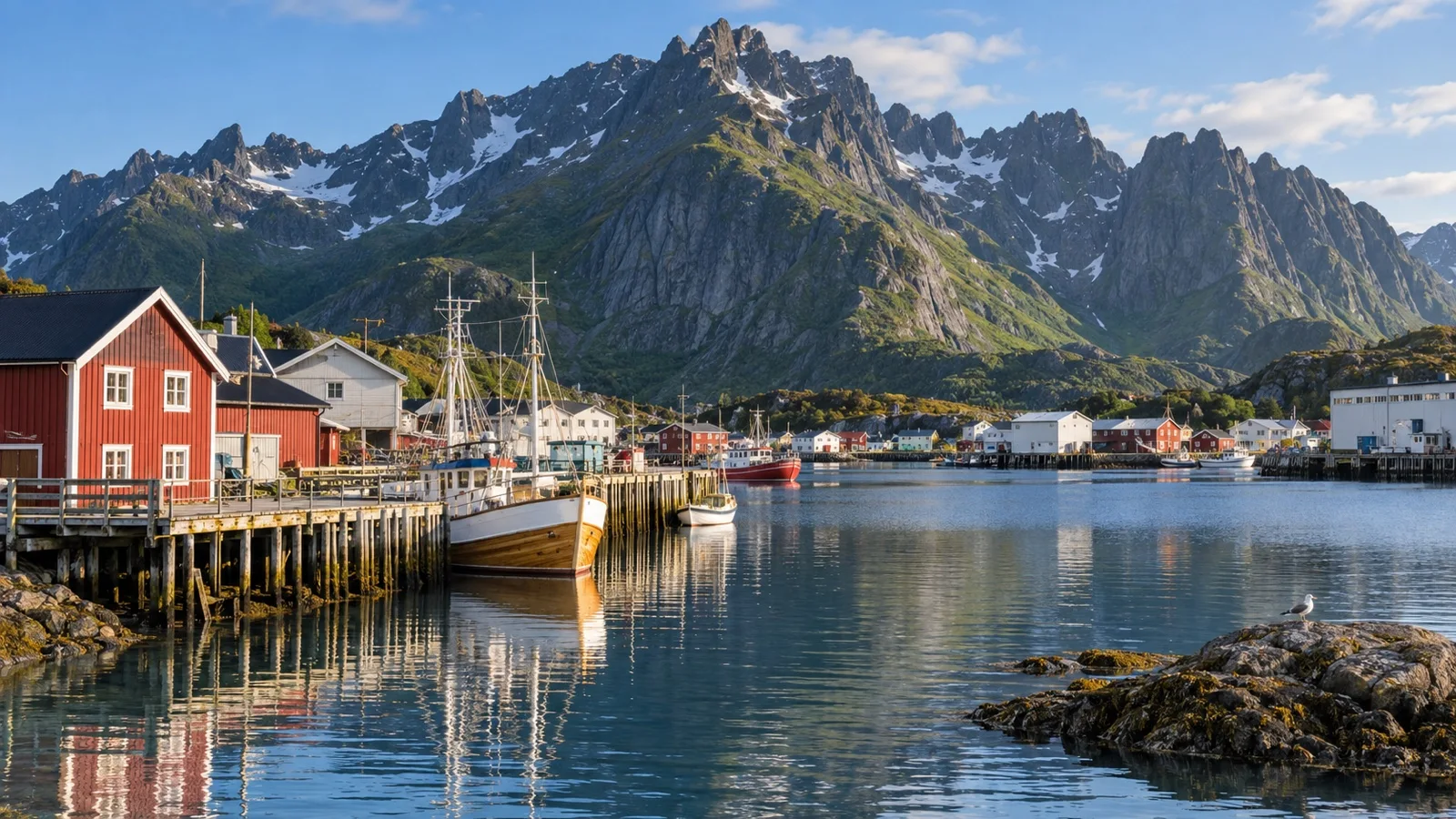Stamsund village below Lofoten mountains