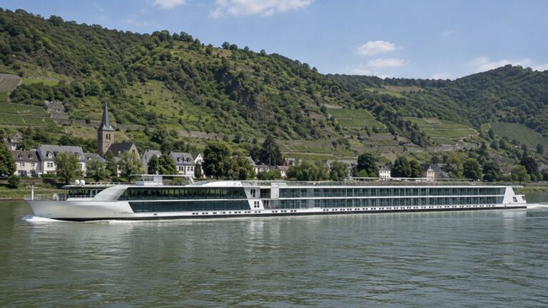 Typical long low European river cruise ship on the Rhine