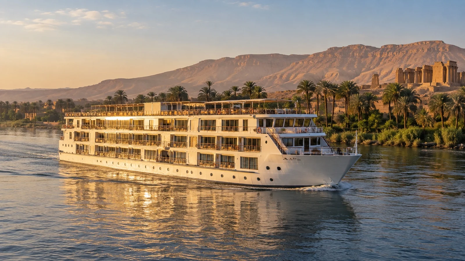 Large standard Nile cruise boat sailing past riverbanks
