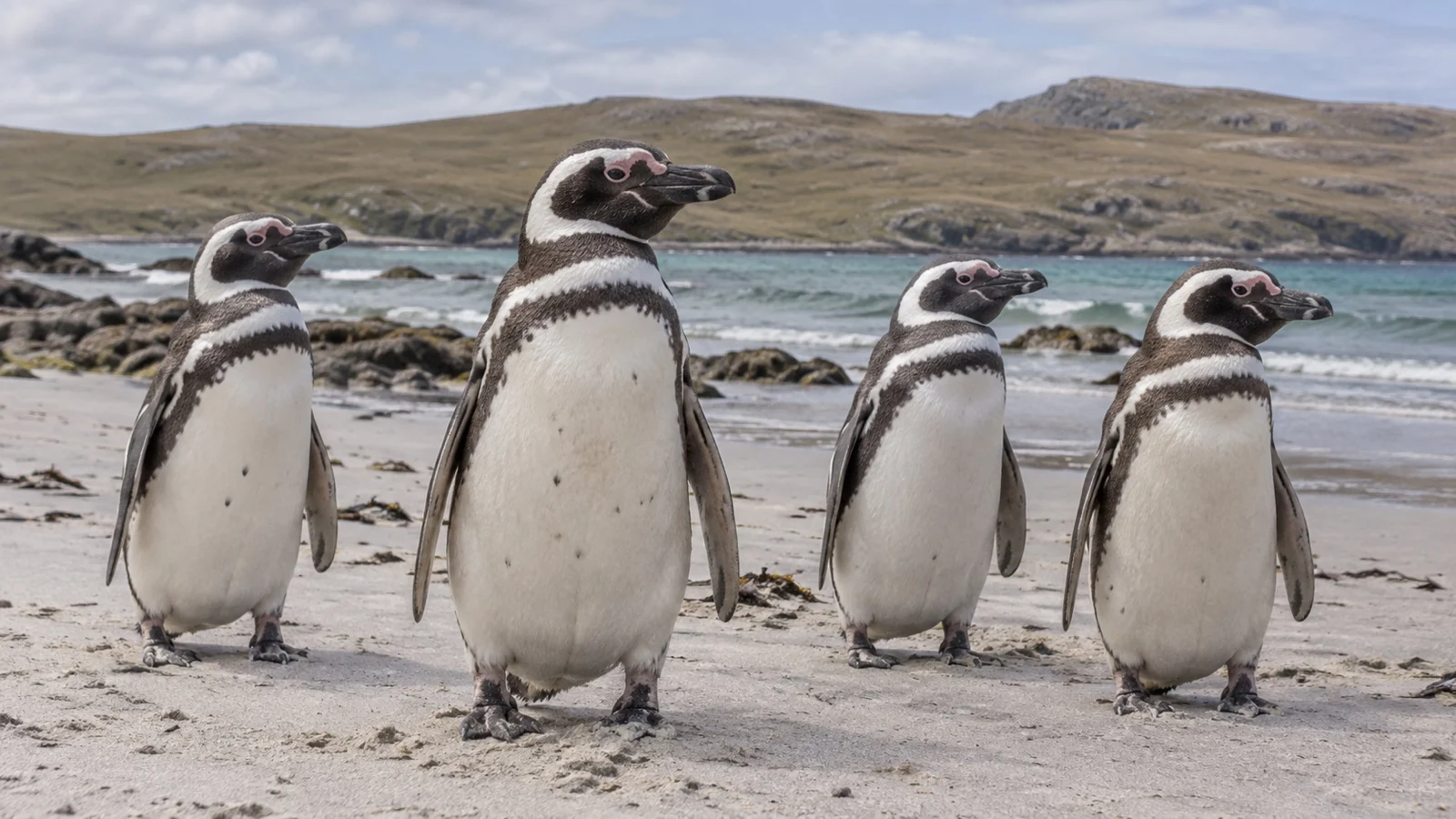 Four wild Magellanic penguins on beach at Gypsy Cove near Stanley, Falkland Islands