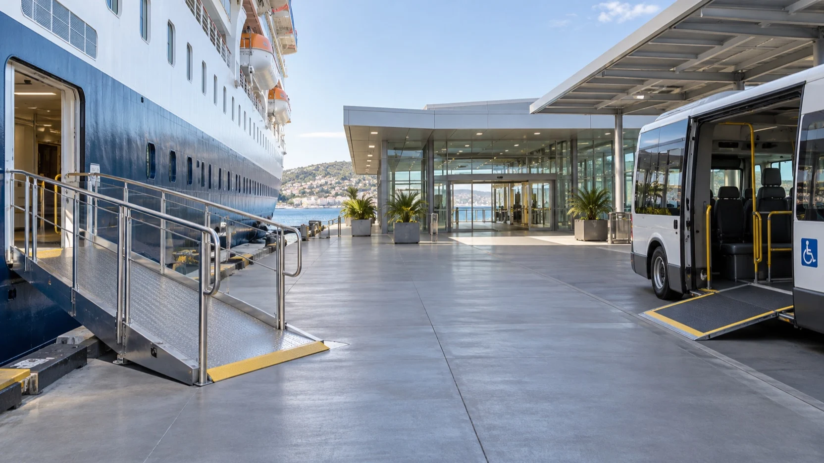 Step-free route from a cruise ship gangway to an accessible shuttle