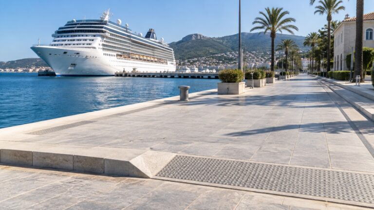 Smooth step-free cruise port promenade with a curb ramp