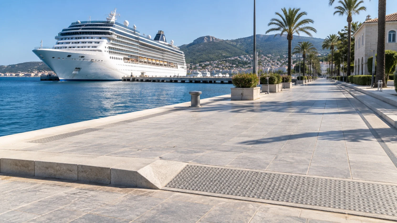 Smooth step-free cruise port promenade with a curb ramp
